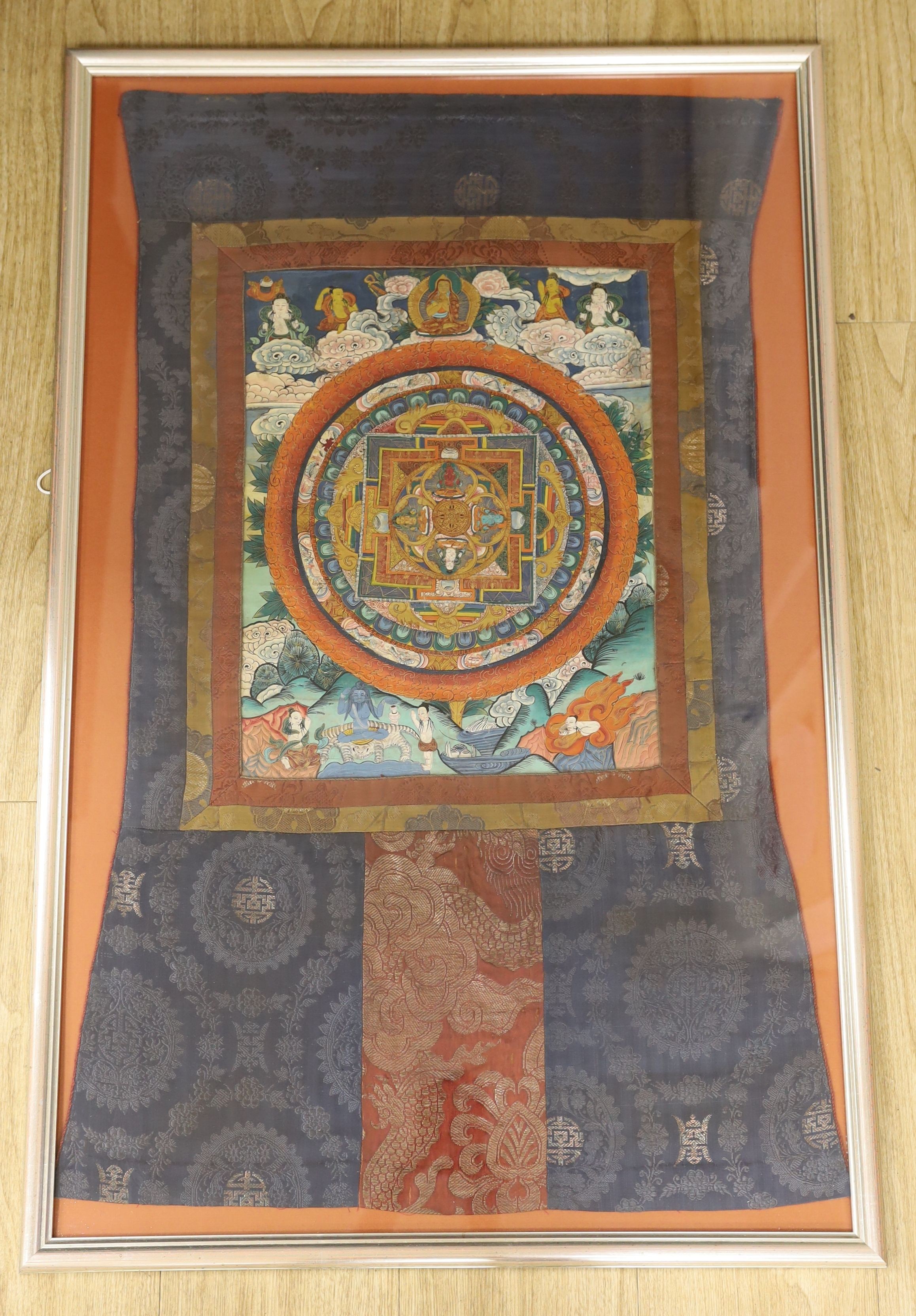 Tibetan School, painted thangka, Mandala with surrounding figures, 43 x 34cm, overall 92 x 60cm